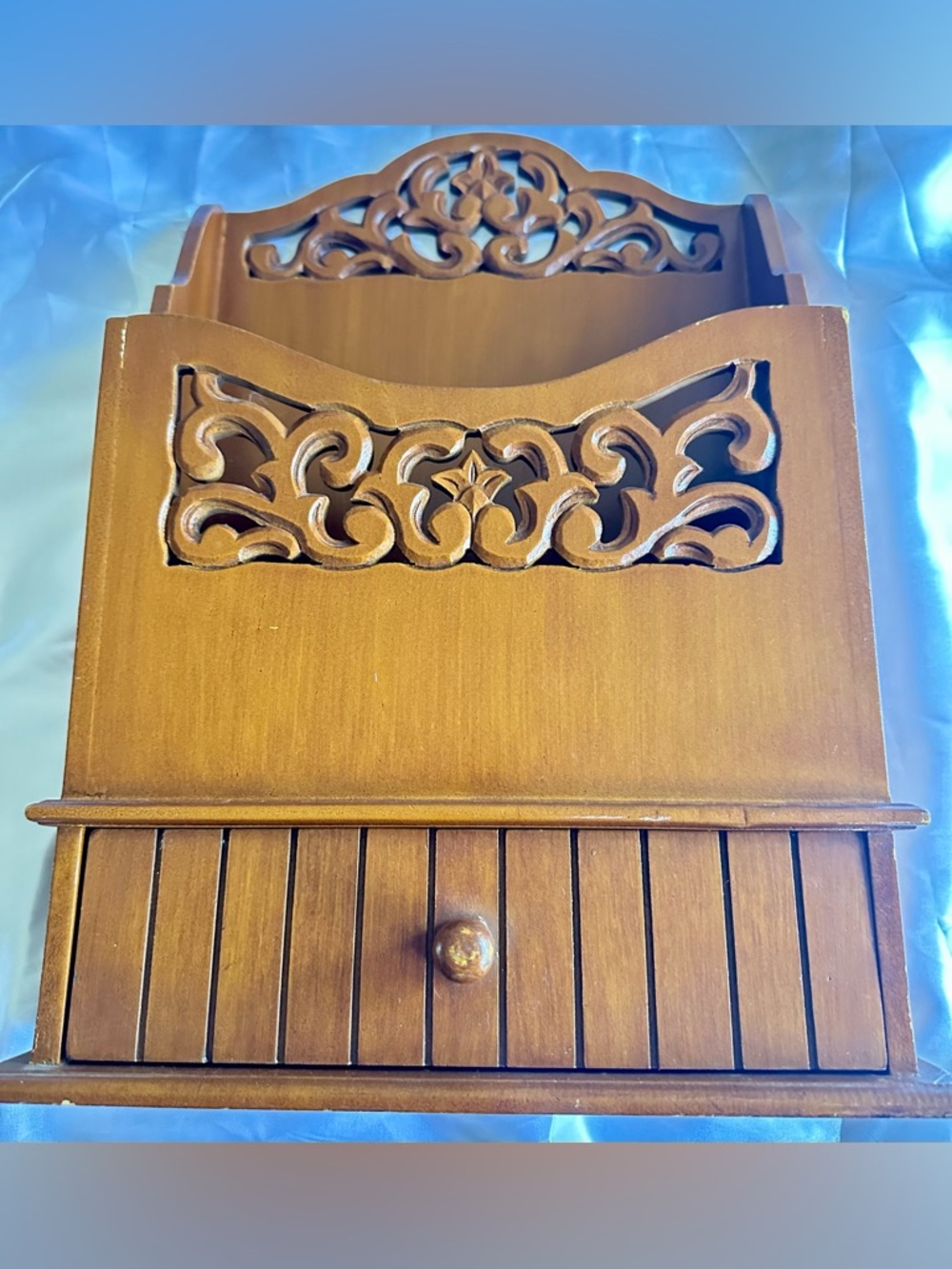 Vintage Carved Wooden Wall Mail Organizer with Drawer - Warm Brown